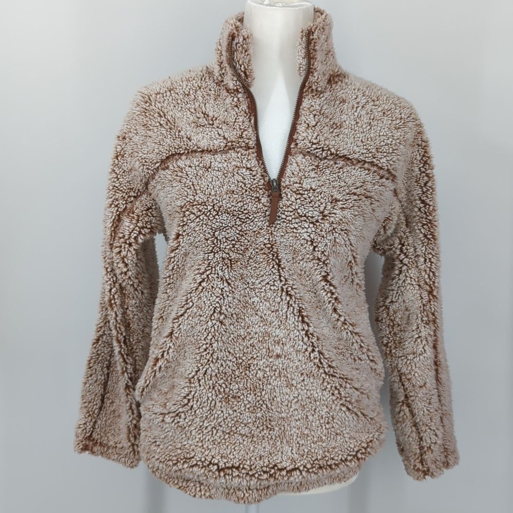 Anthropologie Elodie Peach Brown Sherpa 1/4 Zip Sherpa Jacket Small